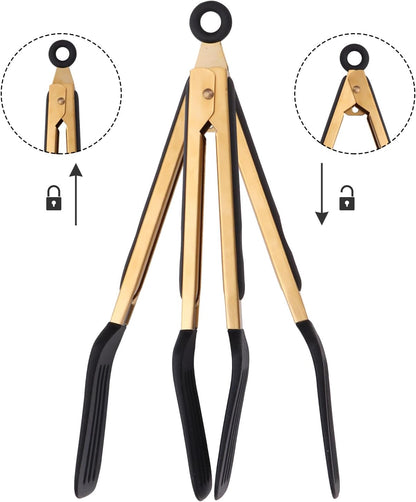 2-Piece Kitchen Spatula Tongs Food Serving Tongs 9" and 12" Cooking with BPA Free Silicone Tips, Toaster Steak Pie Pizza Pasta Spaghetti Noodles Salad Grill BBQ Buffet Clamp Serving Tools(Gold)