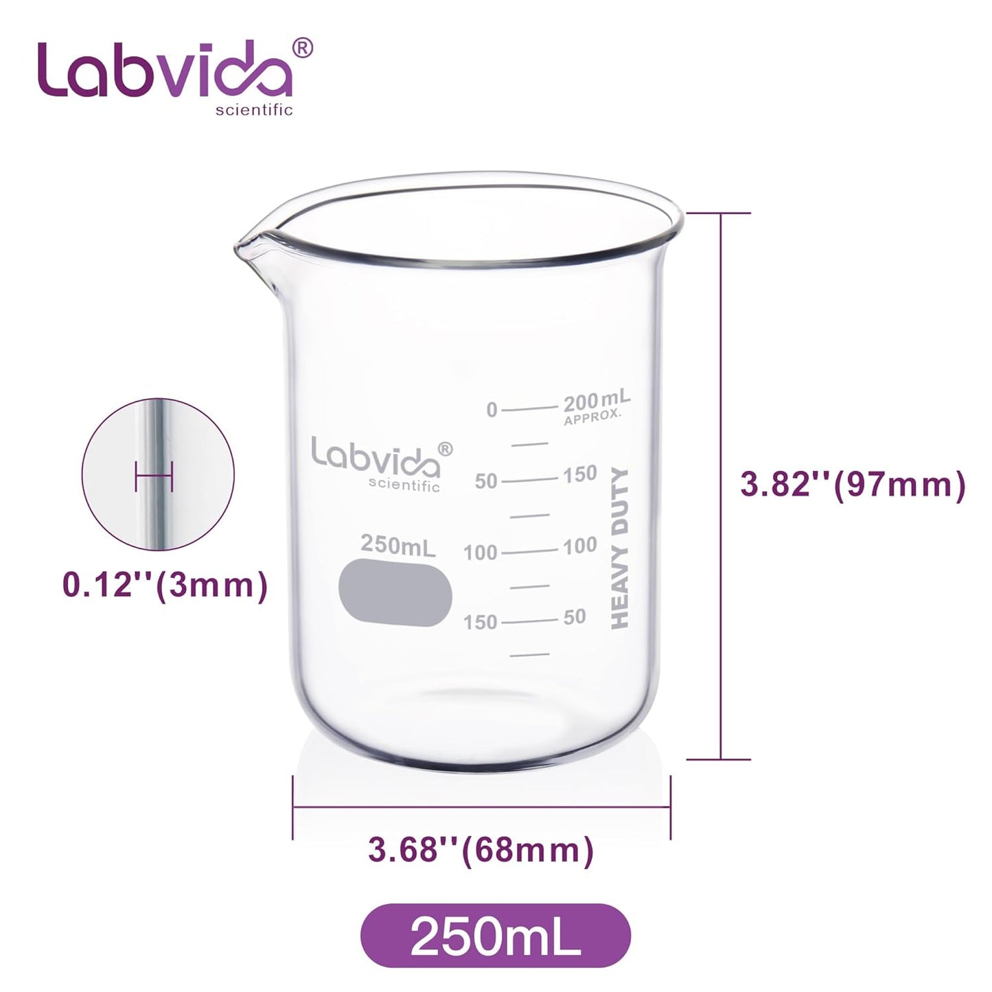 Upgrated 6 Size Low Form Glass Beaker Set, 25ml 50ml 100ml 250ml 500ml 1000ml, 3.3 Boro Glass beakers with Printed Graduation, LVA019