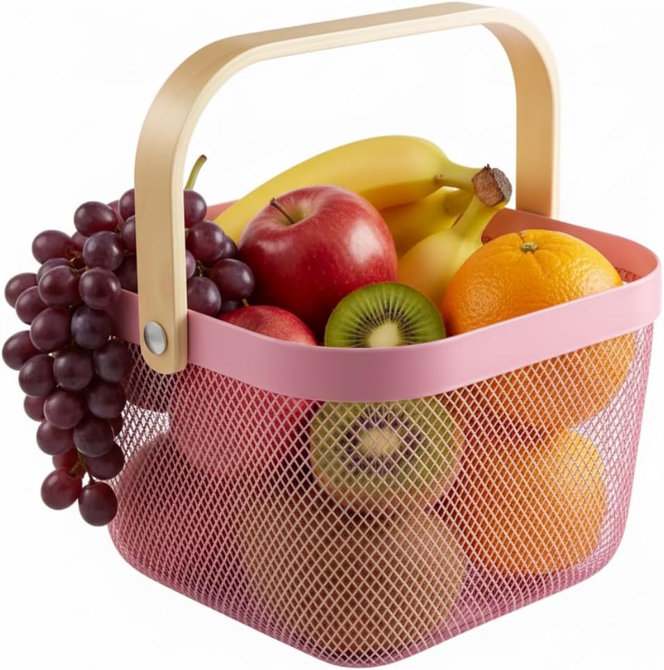 Mesh Steel Storage Organizer Basket Fruit Basket Bin with Wood Handle Ideal for Kitchen Bathroom Picnic Baskets Pantry Cabinets Storage Home Decor (White)