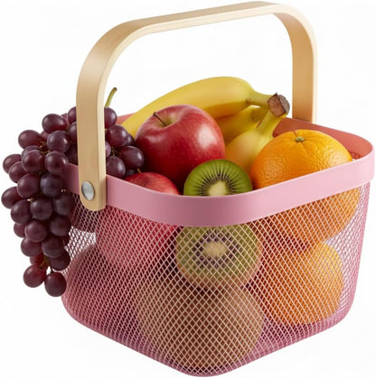 Mesh Steel Storage Organizer Basket Fruit Basket Bin with Wood Handle Ideal for Kitchen Bathroom Picnic Baskets Pantry Cabinets Storage Home Decor (White)