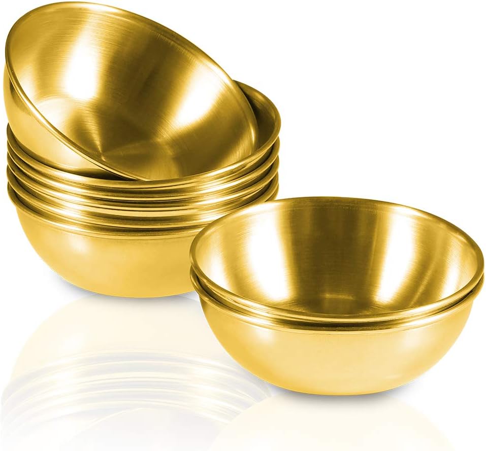 8 Pack 3.2inch Stainless Steel Sauce Dishes Mini Individual Saucers Bowl Round Seasoning Dishes Sushi Dipping Bowl Appetizer Plates, Champagne Gold