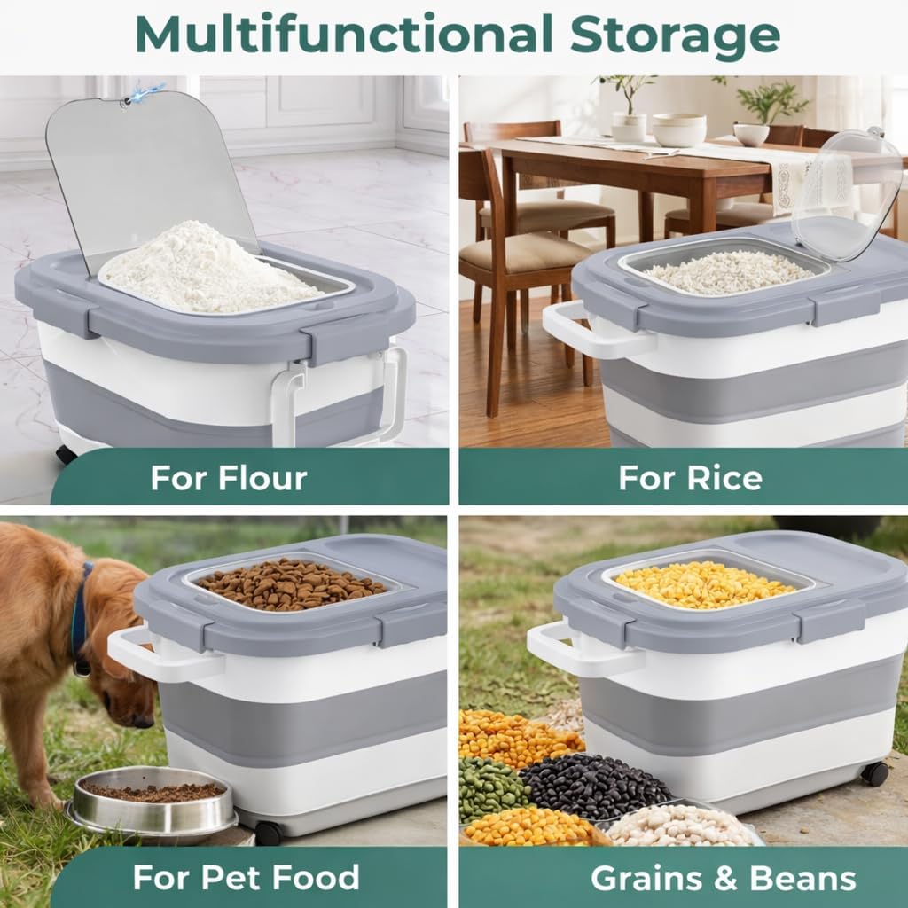 Home & Hearthly Collapsible Rice Storage Container 25–35 lbs, Airtight, Space-Saving Food Storage Bin with Wheels and Measuring Cup, Easy-Pour Grain Dispenser for Rice, Flour and Pet Food