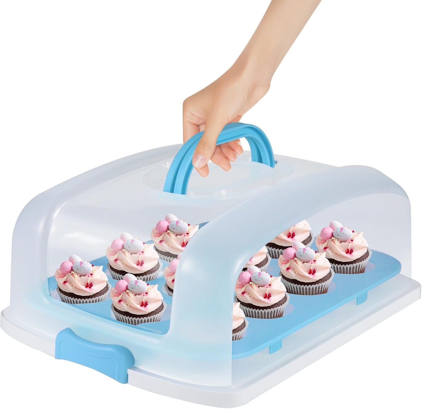 2in1 Cupcake Carrier and Cake Keeper with Lid, Rectangle Pie Carrier,Large Portable Storage Container for Storing 12 Cupcakes or 1 Large Cake (Blue)