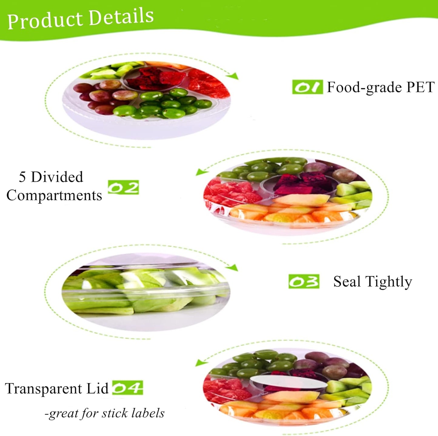 Lyellfe 30 Pack Plastic Appetizer Tray with Lid, Disposable Veggie Fruit Snack Tray with 5 Compartment, 9.5 Inch Heavy Duty Clear Round Food Container Platter for Salad, Nut, Olive, Party