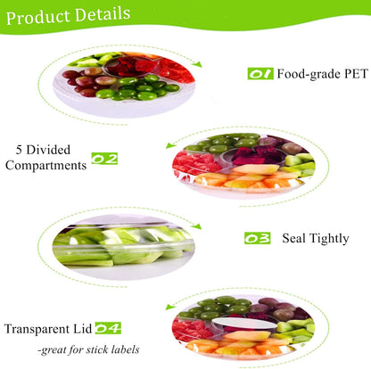 Lyellfe 30 Pack Plastic Appetizer Tray with Lid, Disposable Veggie Fruit Snack Tray with 5 Compartment, 9.5 Inch Heavy Duty Clear Round Food Container Platter for Salad, Nut, Olive, Party