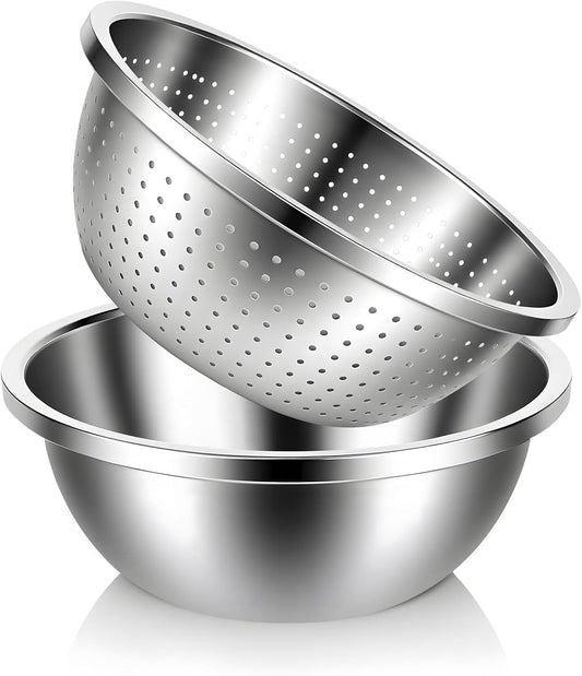 304 Stainless Steel Colander and Strainer, 5QT Large Capacity with Mixing Bowl, Micropore for Washing Rice, Vegetables, Fruit, Grain, Bean, and Draining Cooked Pasta, Dishwasher Safe
