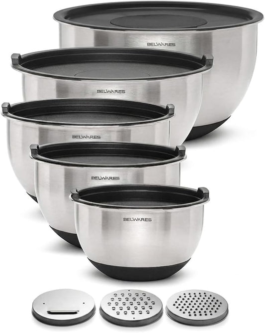 Belwares Mixing Bowls with Lids Set of 5 - Stainless Steel Mixing Bowl Set, Kitchen Nesting Metal Bowls with Non Slip Bottoms + 3 Grater Attachments, Airtight Lids, Food Prep + Storage, Matte Black