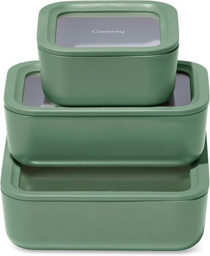 Caraway 13pc Glass Food Storage Container Set - Easy to Store, Non Toxic Lunch Box - with Glass Lids - Includes Storage Organizer - Mist