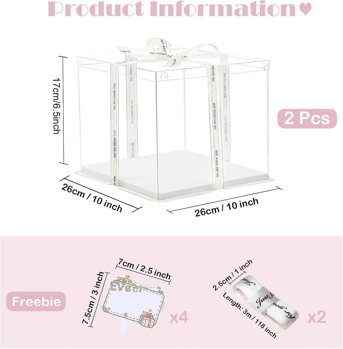 Clear Cake Box, 2 Pcs Transparent Cake Carrier Box with Lids, 4'' PET Packaging Boxes with Ribbon Gift Card for Pastries, Clear Gift Boxes for Birthday, Wedding and Festival Party, White.