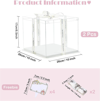 Clear Cake Box, 2 Pcs Transparent Cake Carrier Box with Lids, 4'' PET Packaging Boxes with Ribbon Gift Card for Pastries, Clear Gift Boxes for Birthday, Wedding and Festival Party, White.