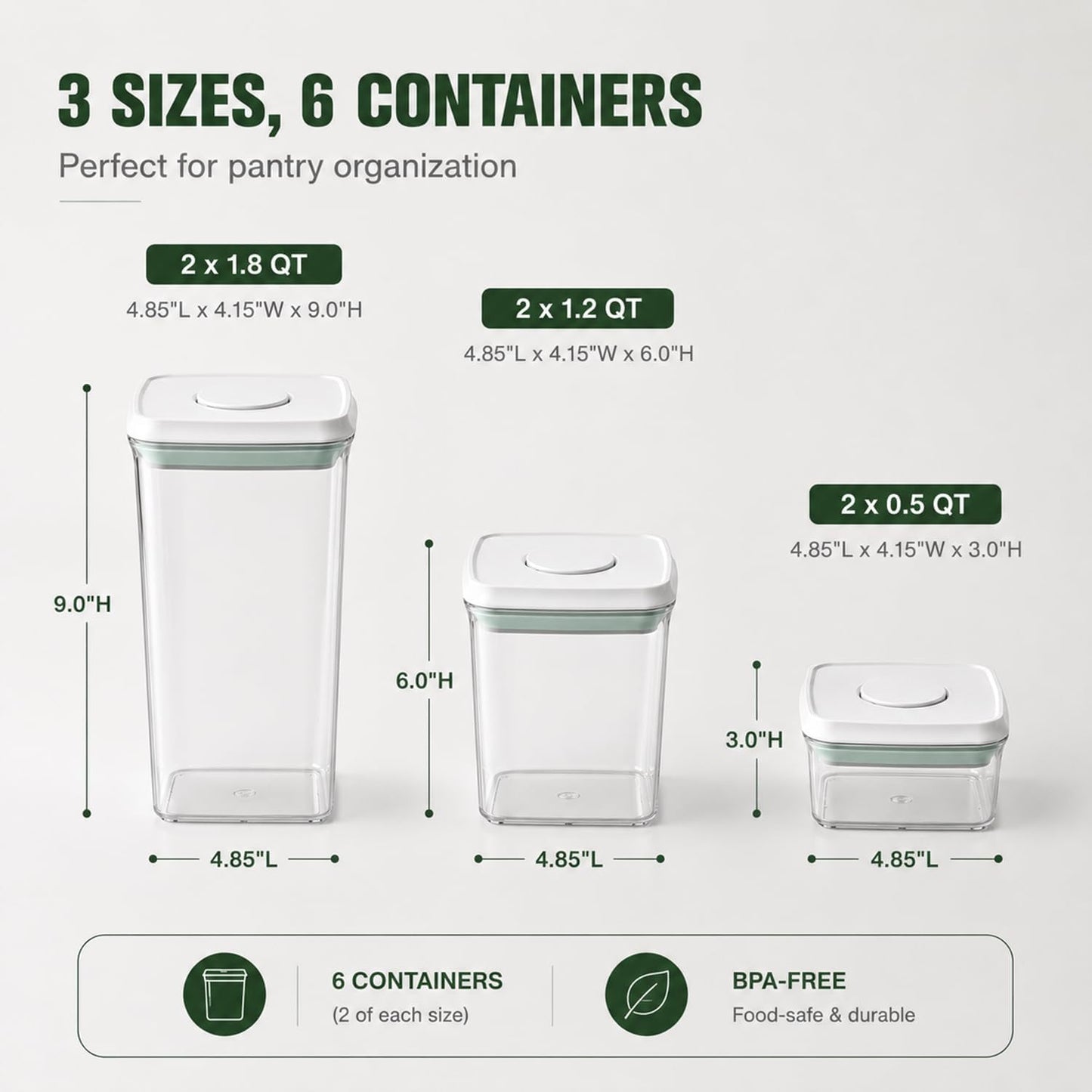 Pop Food Storage Containers Set Large Airtight Food Storage Containers with Pop Lids, Kitchen Pantry Organization and Storage, Cereal, Rice, Flour, Pasta & Snack Container, BPA Free, 2 x 2.8Qt