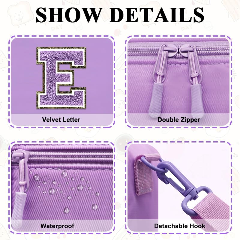 Lunch Box for Women Girls Adult Teens Kids Lunch Bag School Work Picnic Meal Food Container Carrier Purse Cooler,Insulated Lunch Tote with Handheld Shoulder Strap Water Bottle Holder Purple A