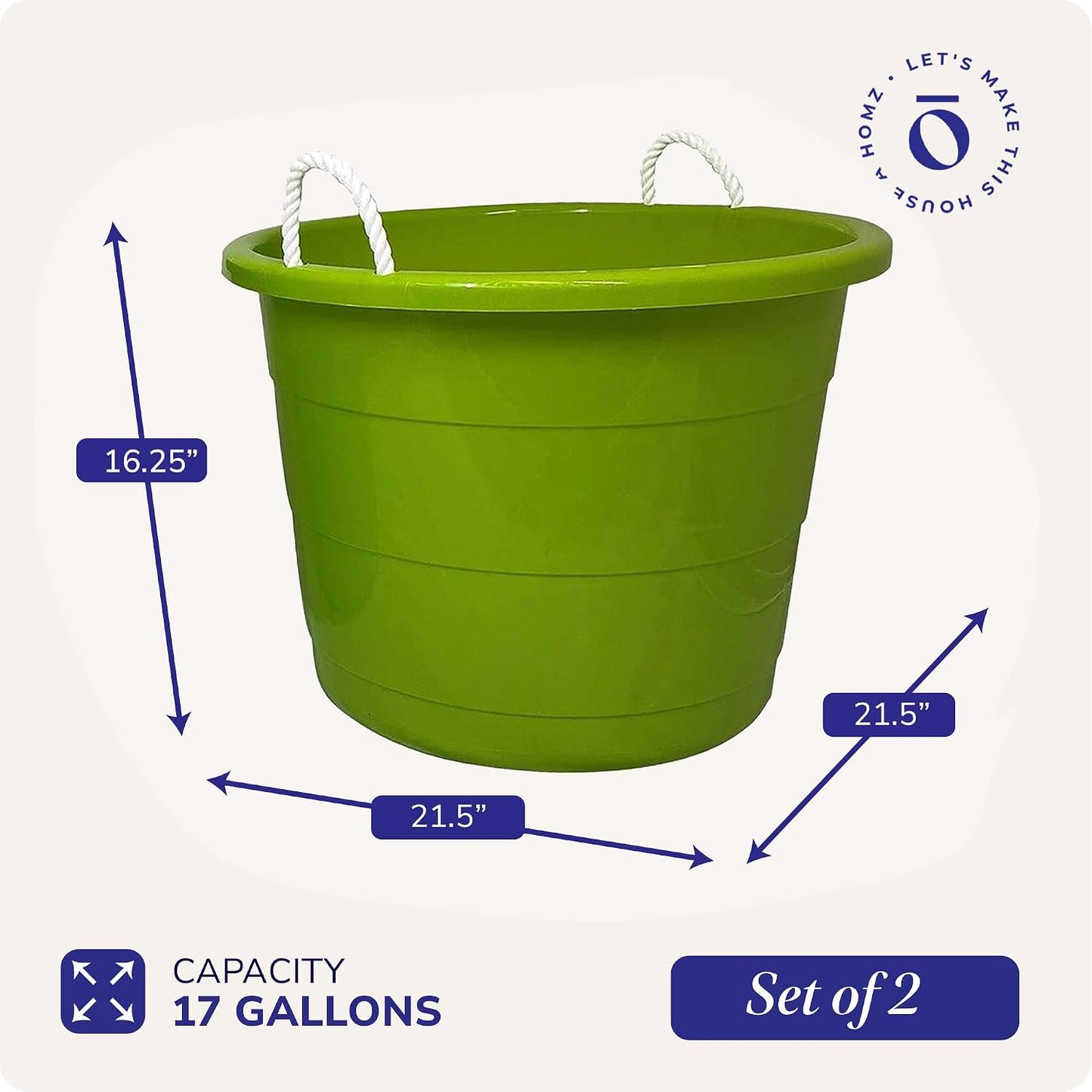 HOMZ 2-Pack Utility Tub, Large Plastic Storage Bucket with Rope Handles, 17 Gallon, Black - Portable Indoor and Outdoor Buckets for Kitchen, Laundry, Garden, Bathroom, and Garage Organization