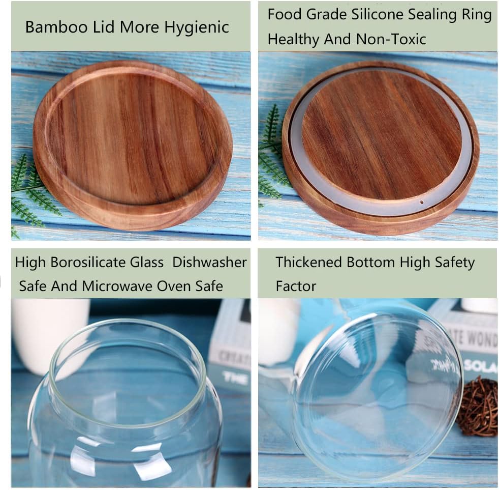Large Glass Jar with Airtight Lid Set of 2 93 FL OZ(2750ml) glass canister set, Glass Food Containers Wooden Lid Suit for Kitchen Pantry for Flour, Tea, Coffee Beans, Sugar, Cookies(8.8 inch high)