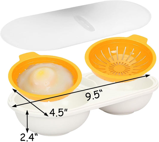 2 Cavity Microwave Egg Poacher, Microwavable Poached Egg Cooker with Lid & Handle Double Layer Microwave Egg Poacher Boiled Eggs Maker Poached Egg Cup for Breakfast with Oil Brush and Scraper (Yellow)