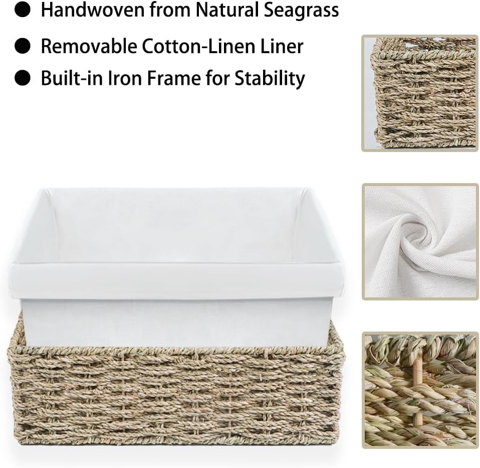 Water Hyacinth Shelf Baskets 4-Pack, Handwoven Wicker Bins with Removable Linen Liners – Divided Upper Compartment & Open Handles, Stackable for Pantry Bathroom Closet