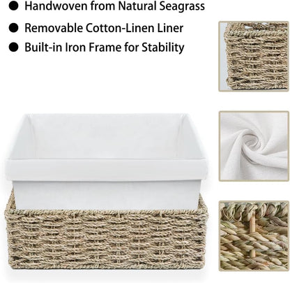 Water Hyacinth Shelf Baskets 4-Pack, Handwoven Wicker Bins with Removable Linen Liners – Divided Upper Compartment & Open Handles, Stackable for Pantry Bathroom Closet