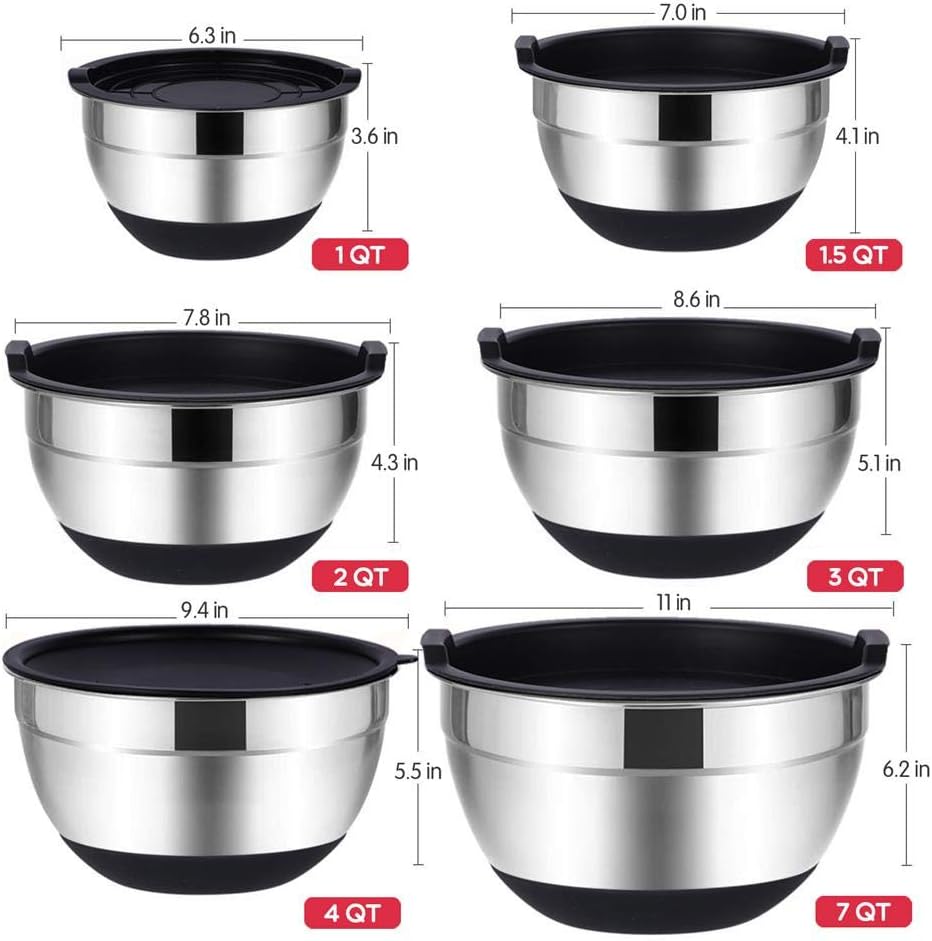 Rottay Mixing Bowls with Airtight Lids, 20PCS Stainless Steel Mixing Bowl Set, Nesting Bowls with 3 Grater Attachments & Non-Slip Bottoms, Size7, 4, 3, 2, 1.5, 1QT Bowls for Baking&Prepping