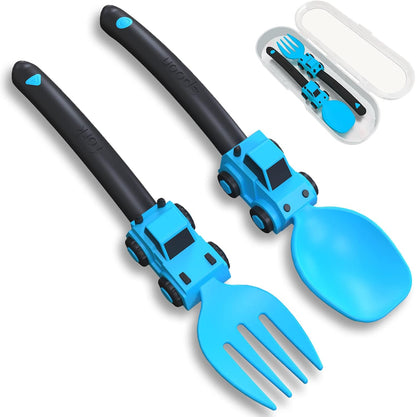 Deinyi Construction Toddler Utensils - Reusable Plastic Toddler Fork and Spoon & Storage Case - Suitable for Kids Utensils - Easter Gifts and Birthday Gifts for 1 2 3 4 5 6 7 year old, Yellow
