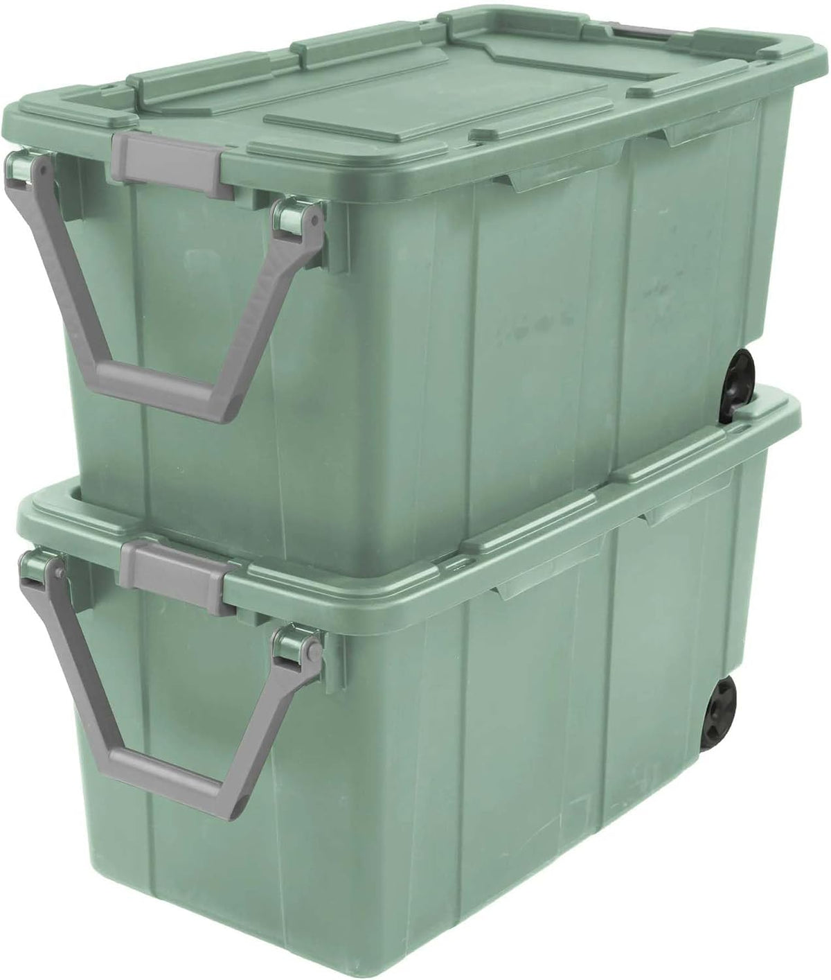 40 Gallon Wheeled Industrial Tote, Rugged Plastic Storage Bin, Latch Lid, Light Green, 2 Count