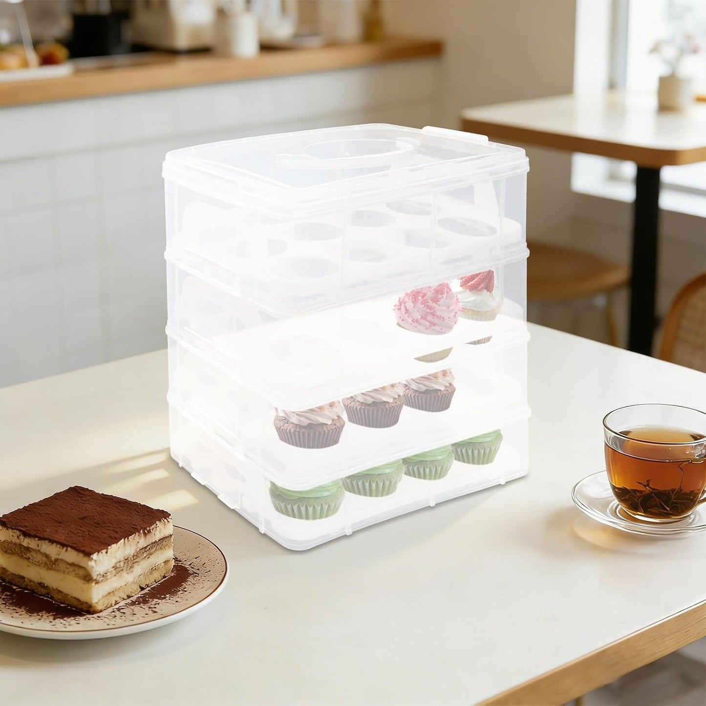 4-Tier Cupcake Carrier with Removable Stackable Layers - Cake Holder and Transport Container with Lid & Handle, Stores 48 Cupcakes for Parties, Baking, Events, Dessert Display, White