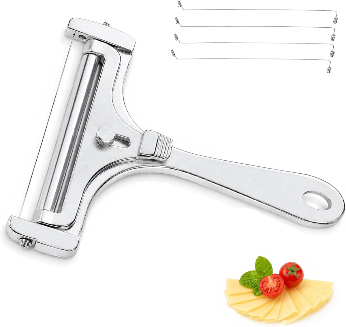 OYEWALLS Adjustable Wire Cheese Slicer for Block Cheese, Handheld Stainless Steel Cheese Cutter with 4 Extra Wires, Premium Rolling Cheese Wire Slicer for Mozzarella, Cheddar, Gruyere