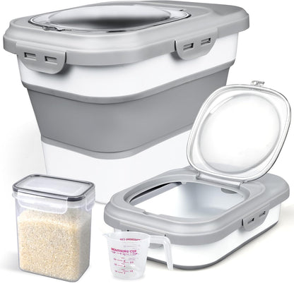 Komzon Rice Storage Container, Collapsible Airtight Food Storage Containers 6-20 Lbs, Rice Dispenser with Measuring Cup and Small Bin for Flour Cereal Pasta Grain, Cat Pet Dog Bird Food Container