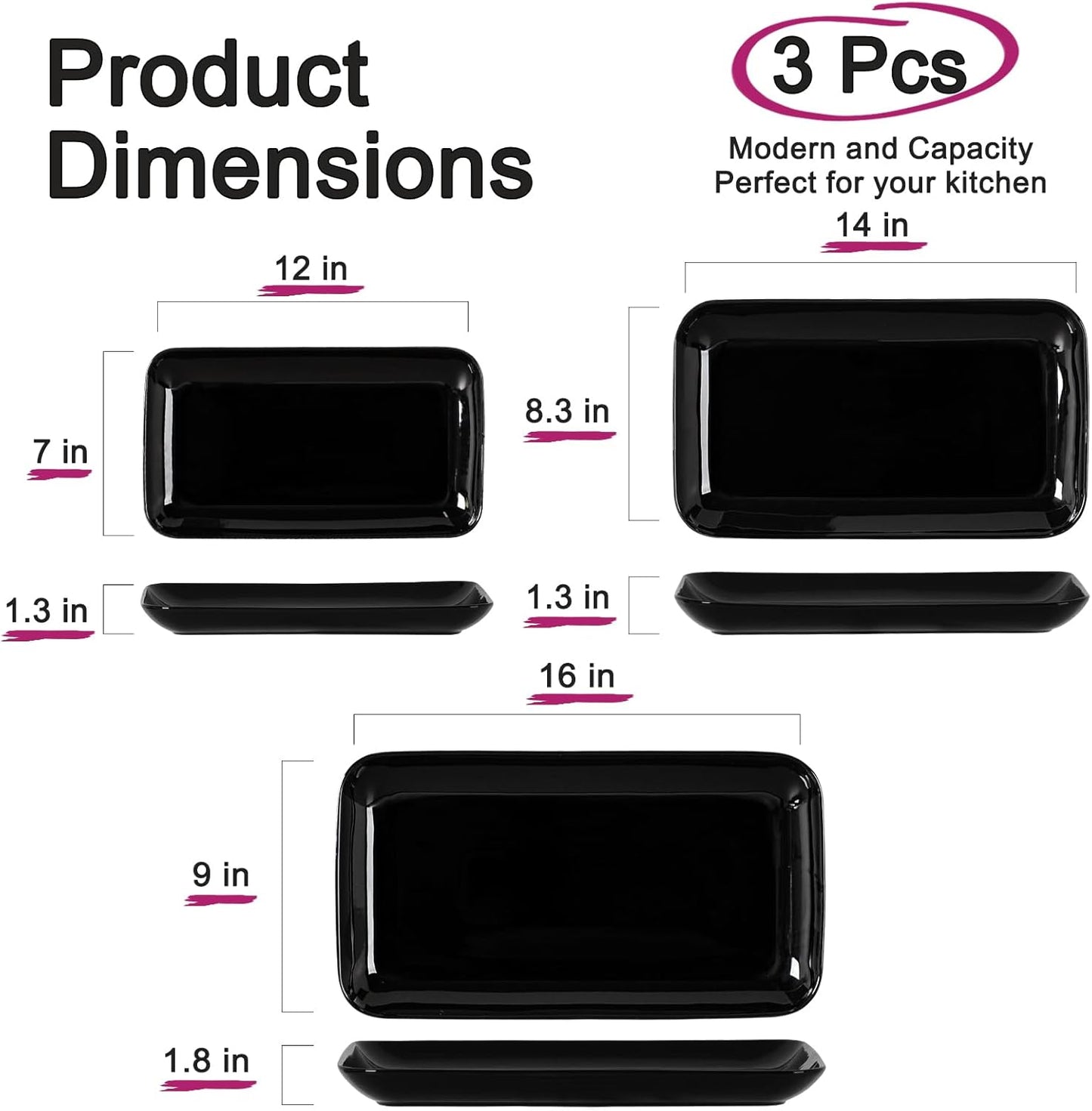 DELLING Large Serving Platter Set of 3, 16/14/12 Inch Porcelain Serving Trays for Party - White Ceramic Rectangular Platters for Entertaining, Appetizer Fruit Tray for Father's Day Shower Dinner