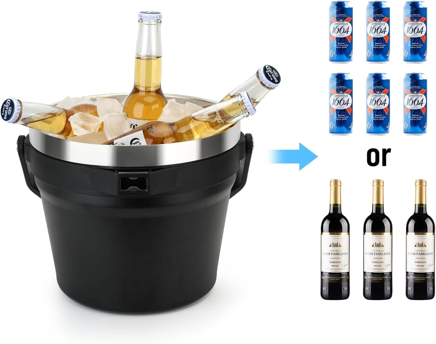 Luxfuel Insulated Beverage & Ice Bucket with Lid - Stainless Steel, Includes Scoop & Tongs, Holds 6 Longnecks or 3 Wine Bottles, Keeps Ice for Hours, Portable Handle for Parties & Outdoors (7.5L)
