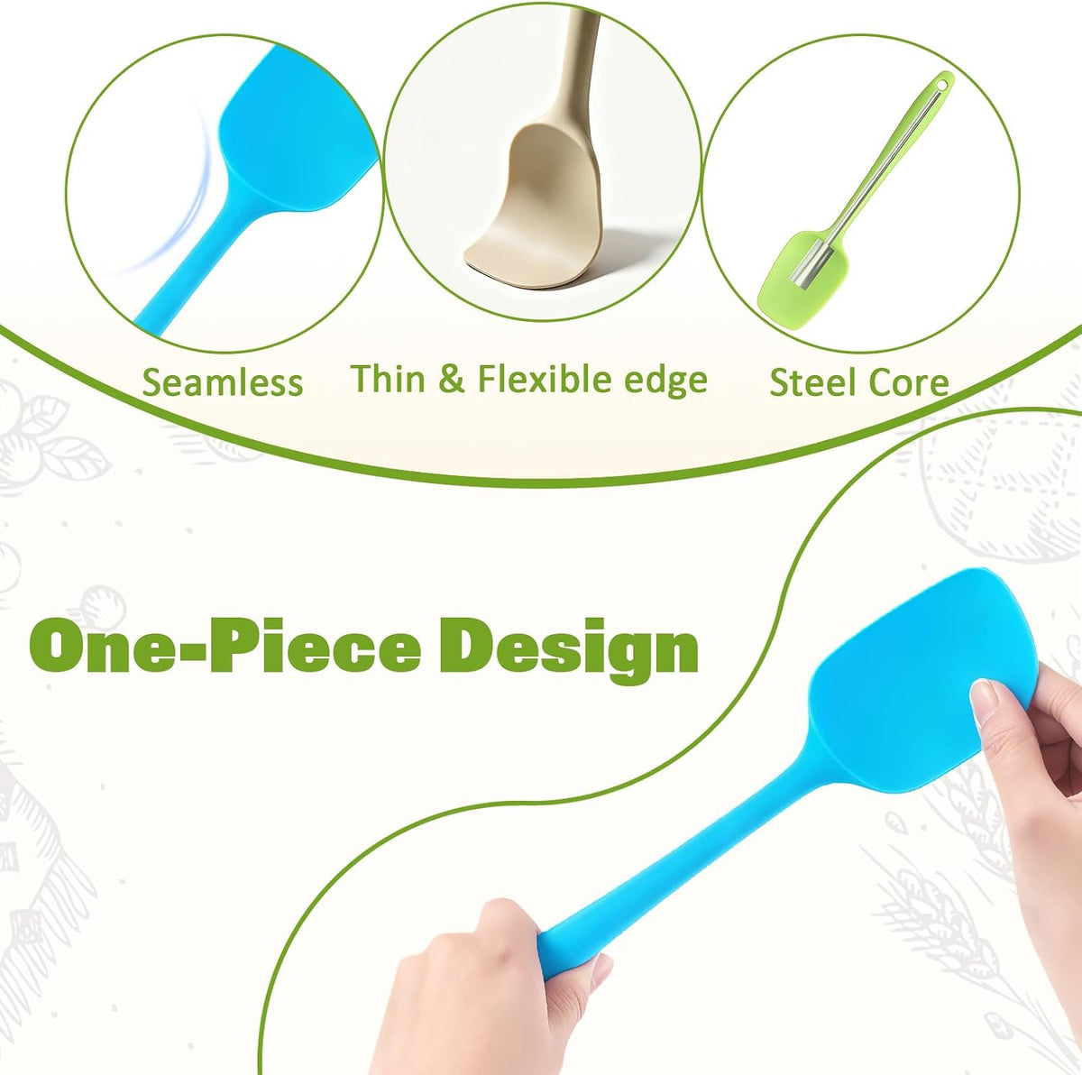 Silicone Spatula, Rubber Spoon Spatula Heat Resistant, One Piece Design Non-Stick Spoonula, Flexible Kitchen Scrapers with Stainless Steel Core for Baking, Mixing, Cooking