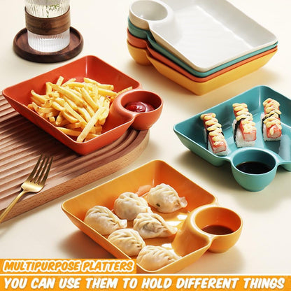 4 Pcs Chips and Salsa Serving Dish Plates, Veggie Platter Dipping Serving Trays with Sauce Rack for Buffet Family Party Appetizer Sushi Taco Salsa Charcuterie Barbecue Plate, Reusable (White 4PCS)
