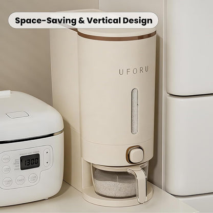 UFORU Rice Dispenser, Rice Storage Container with Measuring Cup for Kitchen Pantry Household, Dry Food Storage Containers Airtight, Sealed Moisture Proof (White 13Lbs)
