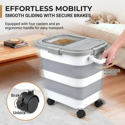 Collapsible Pet Food Storage Container, Airtight Dry Kibble Container with Detachable Wheels and Handle Storage Bin, Foldable Dog Cat Food Holder for Pantry Organization, 38.5 lbs