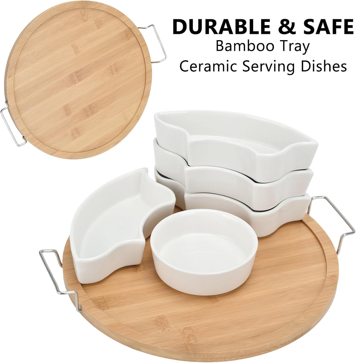 Chip and Dip Serving Set, Serving Platters, 11 inch Ceramic Appetizer Serving Tray, Porcelain Divided Serving Dishes, 6-Compartment Removable Appetizer Snack Dishes, Serving Platters and Trays