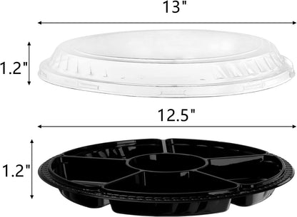Lawei 30 Pack Plastic Appetizer Trays with Clear Lid, Round Stackable Serving Party Trays, 12 in Banquet Catering Fruit Vegetable Tray, Reusable 6 Divided Food Snack Dip Platter for Outdoor Buffet