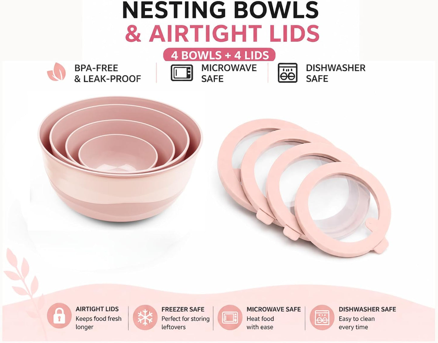 Pera Mixing Bowls with Lids, 8-Piece Airtight Leak-Proof Nesting BPA-Free Bowl Set for Kitchen & Food Storage, Large 4200ml Capacity, Microwave & Dishwasher Safe
