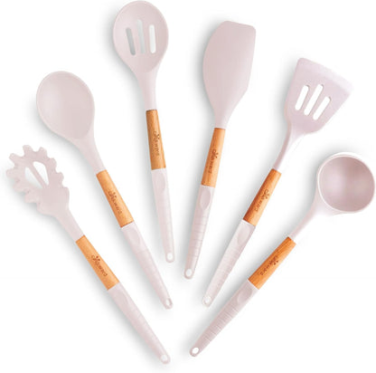 Silicone Cooking Utensils Set 6 Piece – Heat Resistant up to 480°F, BPA Free & Non-Scratch Kitchen Tools with Natural Wood Handles, Dark Gray