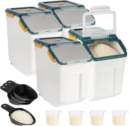 4 Pack Rice Container 25 lbs Large Bulk Flour Sugar Storage Holdhouse Plastic Grain Cereal Dry Goods Bin with Spoon and Measuring Cup for Kitchen Pantry Organization - Green