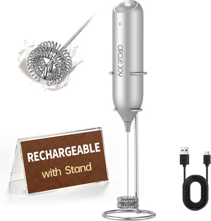 CIRCLE JOY Rechargeable Milk Frother Handheld with Stand, Dual Spring Whisk Head Electric Coffee Frother Foam Maker, Portable Drink Mixer for Cappuccino, Latte, Matcha, Black