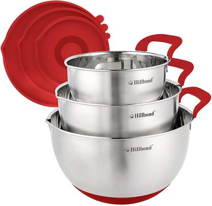 Hillbond Stainless Steel Bowls with Lids Set Mixing Bowls with Pour Spout, Silicone Handle and Non-Slip Bottoms for Baking, Metal Bowls Mixing Dishwasher Safe, Set of 3, Mother’s Day Gift (Black)