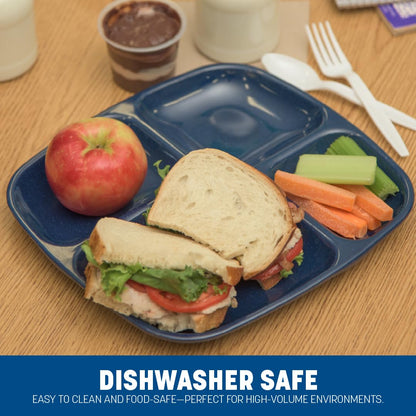 Carlisle FoodService Products Melamine Lunch Tray with 4 Compartments, Right Handed Cafeteria Tray with Divided Compartments for Food, 10" x 9.75", Dark Blue