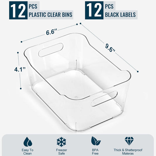 12 PACK Multi-Use Clear Plastic Storage Bins for Organizing w/Labels - Home, Kitchen, Pantry, Bathroom, Office, Cabinet Shelf Organizer Bins - SOHO Collection, RV, Fridge Organization Containers - L