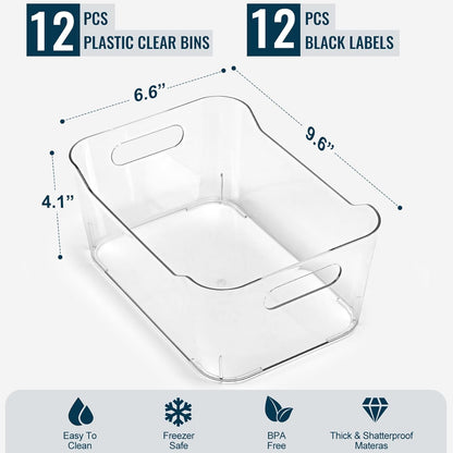 12 PACK Multi-Use Clear Plastic Storage Bins for Organizing w/ Labels - Home, Kitchen, Pantry, Bathroom, Office, Cabinet Shelf Organizer Bins - SOHO Collection, RV, Fridge Organization Containers -XL