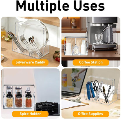 Acrylic Silverware Organizer, Utensil Holder-Heavy-Duty Countertop, Cutlery and Flatware for Spoons, Forks, Knives, Napkins, Plates, Buffet, Picnic Party