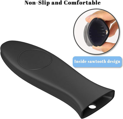 4 Pack Silicone Hot Skillet Handle Holder and Pot Holders Cover Sleeve, Heat Resistant Cast Iron Potholder Protectors Grip, Anti-Spill Non-Slip Cookware Handles for Pans,Oven (Black)