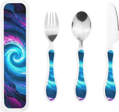 3-Piece Kids Silverware Set With Storage Case, Stainless Steel Reusable Children Safe Knife Spoon Fork Set Dreamy Jellyfish Print Children Flatware Set For Kids Lunch Box