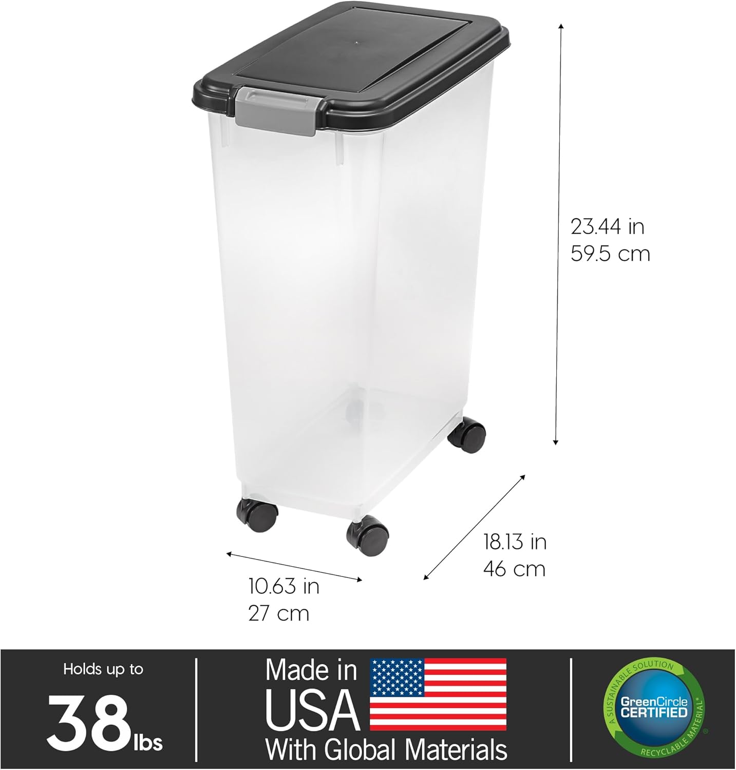 IRIS USA Airtight Dog Food Storage Container, Up to 30 lbs, Attachable Wheels, for Dog Cat Bird and other Pet Food Storage Bin, Keep Fresh, Easy Mobility, BPA Free, Black