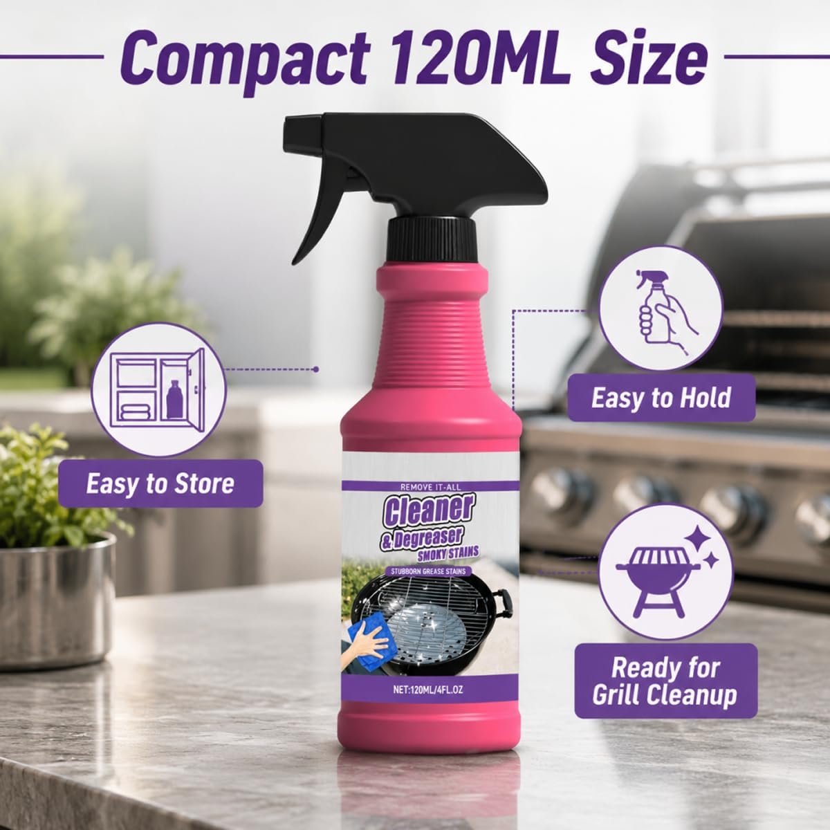 Fast-Acting Grill Cleaner Spray, Heavy Duty BBQ Degreaser for Burnt Food & Stubborn Grease, Powerful No-Scrub Oven & Kitchen Cleaner for Grills, Stovetops & Pans (1pcs)
