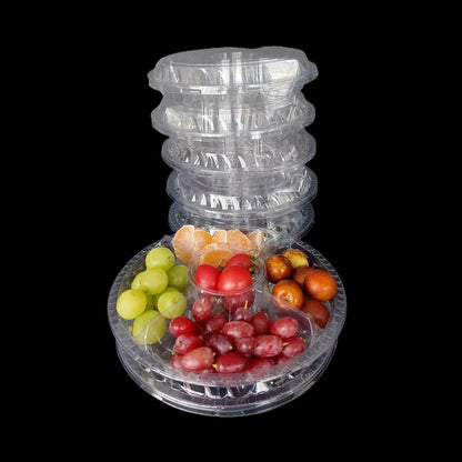 Clear Plastic Appetizer Trays with Lids, Travel Round Disposable Compartment Serving Platters,6 Sectional Catering Trays for Vegetable Salad Food for Fruit Veggie Snack Food Containers (12 Pack)