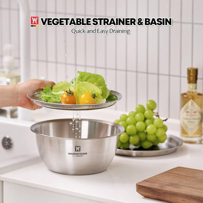WAGENSTEIGER 3-Piece Stainless Steel Mixing Bowl Set with Strainer & Oil Drain Tray – Nesting Prep & Baking Bowls with Measurement Marks (9.45 in)
